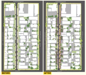 插图描述了目前的树冠以及根据南加州大学城市树木倡议的建议,位于南加州大学大学公园校区附近的帕克格罗夫大道上,树冠可能的增加。