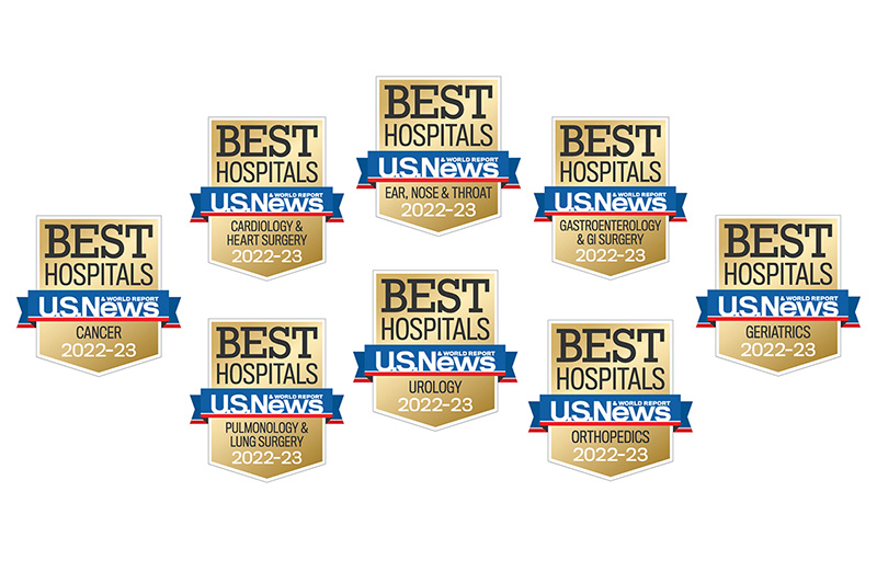 据2022-23年度《美国新闻与世界报道》南加大Keck医学中心8个专科名列前茅，16个项目评级表现出色