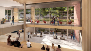 新的Dr. Allen and Charlotte Ginsburg人本计算大厅，将于夏季开放，成为南加州大学高等计算科学学院的所在地。 （渲染/ Harley Ellis Devereaux）